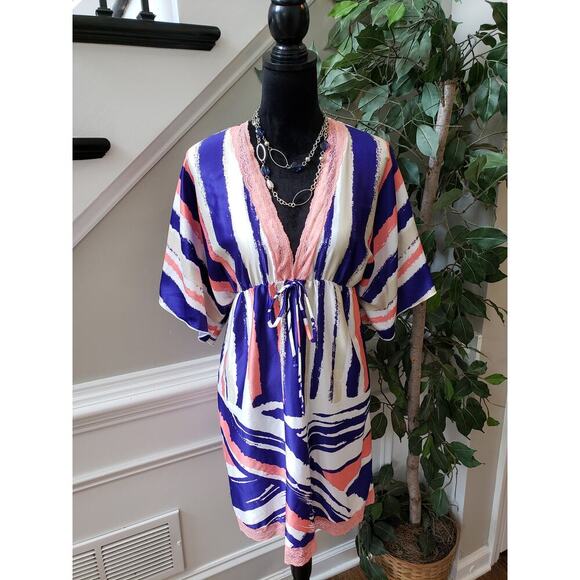 Grass Collection Shift Dress Womens Large Blue White Kimono Sleeve V Neck - Picture 1 of 13